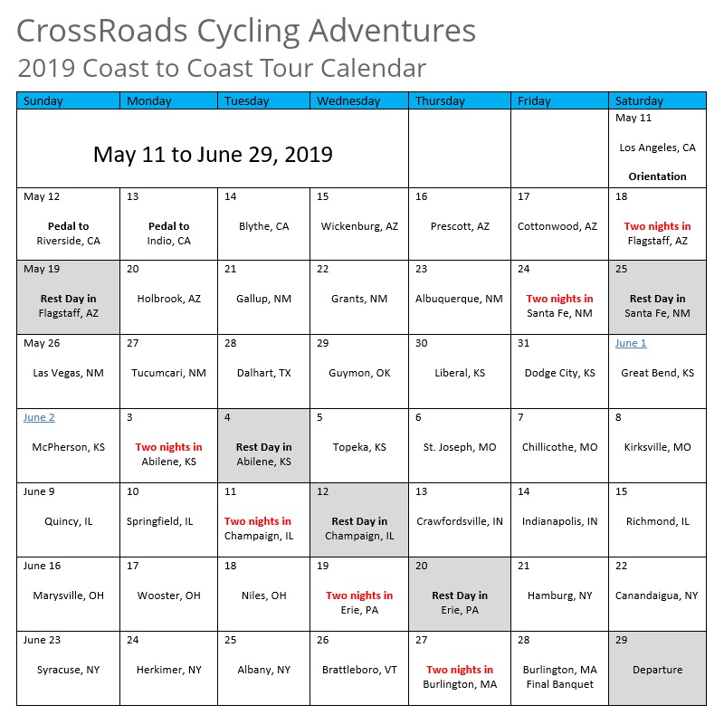 2019CoasttoCoastBikeTourCalendar CrossRoads Cycling Adventures